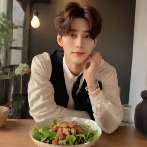 Cinematic soft lighting、Illuminates ultra-realistic handsome healthy k-pop male models is eating a yummy box of salad with stunning details，Wear only one vest，Full body photo of the front，handsome appearance，Messy short brown hair，Clear honey eyes，Charming...