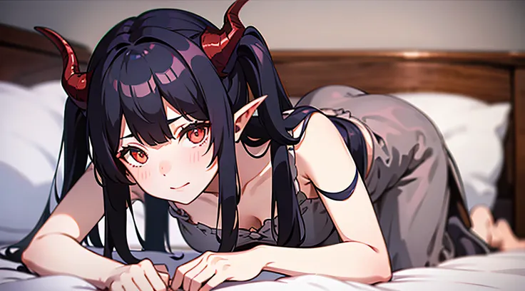 girl with dragon horns on her head, long black hair, looking at viewer, on the bed on all fours, night time, 18th century bedroom