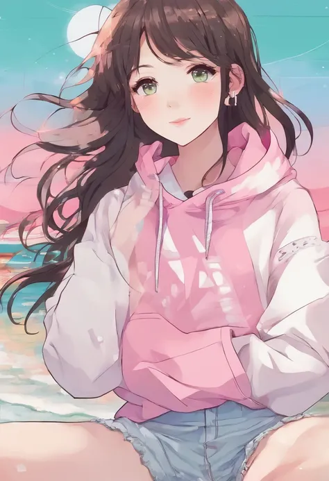 Beach background, brunette hair, pink and white cropped hoodie, ripped light blue jeans, white platform converse, freckles, light skin, green eyes, phone in hand