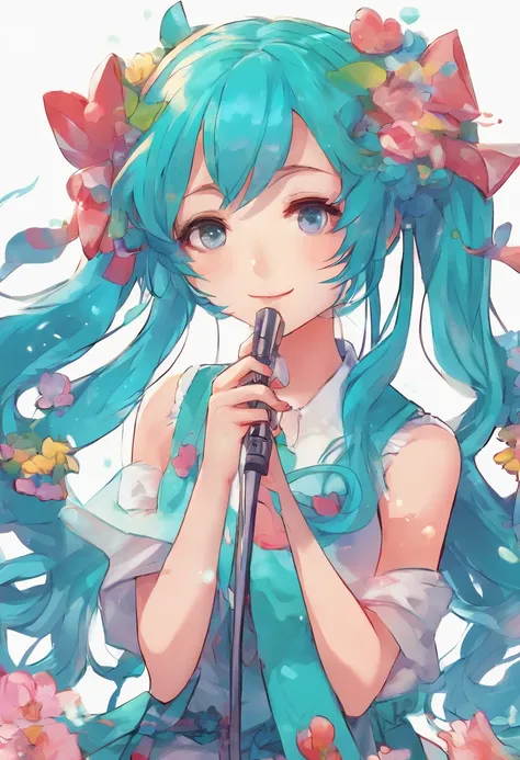 miku hatsune、tiny chest、Big eyes、Blue-haired、Twin-tailed、microphone、White background、Chest illustration、cute little、Shoujo manga style、without background、eyes large、Cute、a smile、piece