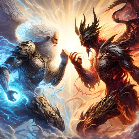 There are two monsters fighting over a demon in a fantasy scene, Batalla entre el bien y el mal, battle between angels and demons, Angel vs. Devil, epic fantasy digital art, Detailed 2D Digital Fantasy Art, epic fantasy card game art, epic fantasy digital ...