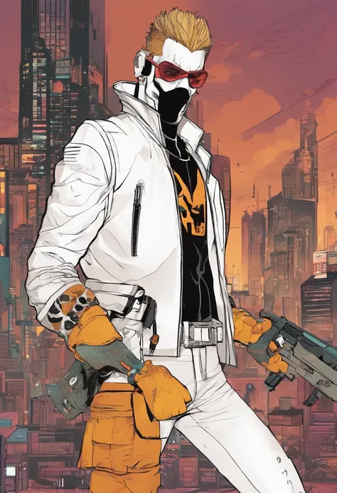 estilo cyberpunk 2077, Hombre futurista con chaqueta blanca, gabardina marron, Black pants with pistol holsters, Guantes, A black clown mask with a one-sided filter, con gafas de sol