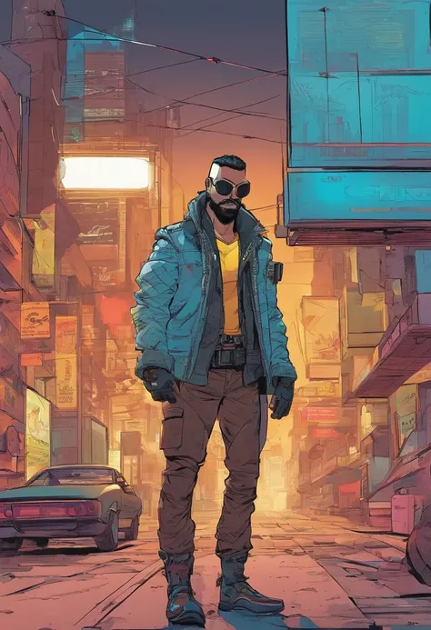 estilo cyberpunk 2077, Hombre futurista con chaqueta blanca, gabardina marron, Black pants with pistol holsters, Guantes, A black clown mask with a one-sided filter, con gafas de sol