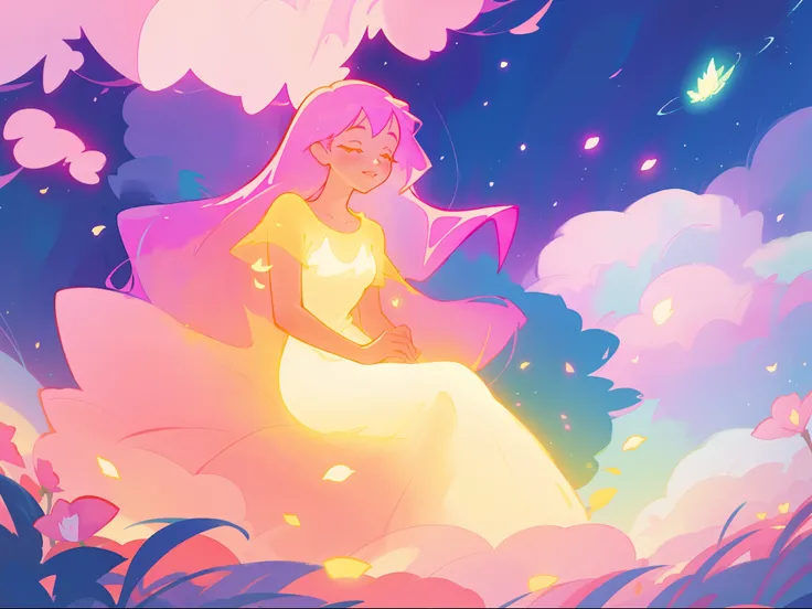 beautiful girl in gradient colorful dress, yellow pink purple fairy dress, beautiful girl sitting in a field with pink red flowers, puffy pink flowers, glowing lights, whimsical landscape, long dark blue flowing hair, watercolor illustration, inspired by G...