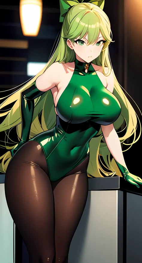 Anime - style woman in green bodysuit posing on shelf, tatsumaki from one punch man, cutesexyrobutts, Cammy, krenz cushart and artgerm, an oppai cyberpunk, by krenz cushart, anya from spy x family, range murata and artgerm, asuka suit under clothes!