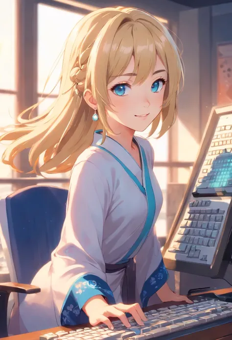 masterpiece, best quality, ultra-detailed, illustration,(1girl),beautiful detailed eyes, looking at viewer, (holding a computer keyboard), happy, (blonde hair:1), (blue rounded eyes:1), (round earring), cute round face, long hair, smile, fantasy chinese cl...