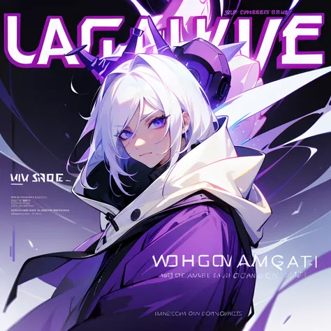 Magazine cover title:prime ultima,
1male with white hair purple glowing radiant eyesad face expression long eyelashes, wearing fashion hoodie, background very high tech futuristic city black and purple theme,