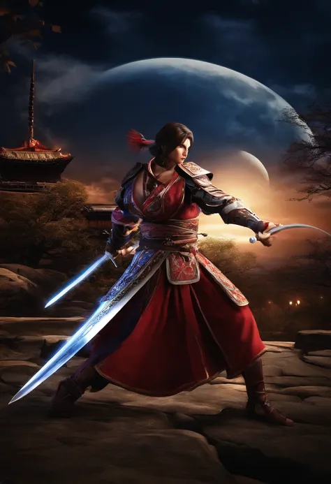 "(Taki of Soulcalibur), incredible details, fierce pose, Japan traditional castle background, Moon Night、Magnificent illustrations, Perfect picture quality"