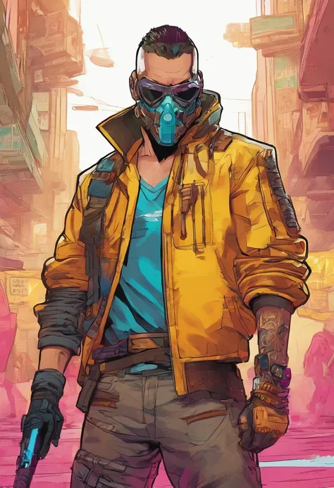 estilo cyberpunk 2077, Hombre samurai futurista, con cuatros brazos, armadura futurista, gabardina marron, con fundas de espadas y pistolas, Guantes, A clown mask