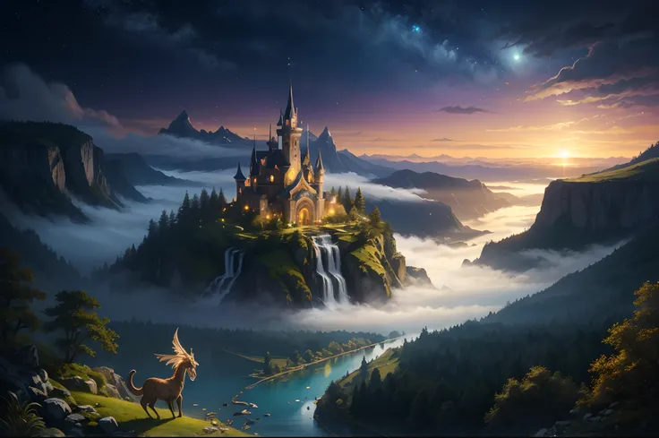 best quality,4k,8k,highres,masterpiece:1.2,ultra-detailed,realistic:1.37,illustration,fantasy landscape,vibrant colors,shimmering glow,enchanted forest,majestic mountains,cascading waterfalls,ethereal mist,magical creatures,dragons,fairy tale castle,mythic...