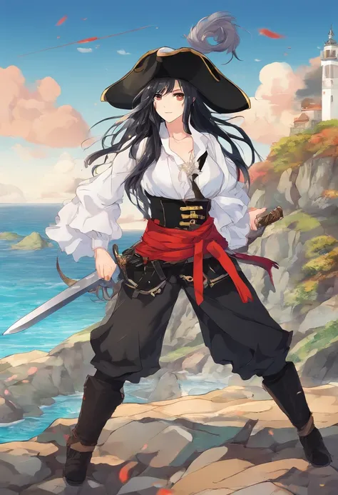 Pirate, long black hair, hazel eyes, light skin, serious look, girl, black clothes, brown hat, red sash, brown boots, full body, , black pants, right foot on a rock, left foot on dirt, sword in right hand