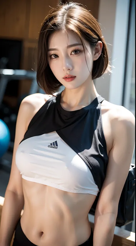 Highly detailed CG Unity 8K wallpapers、top-quality、ultra-detailliert、​masterpiece、realisitic、Photo Real、extremely detailed cute girl、((short-hair))、25-years old、You can see the shape of the nipple through the clothes、Large breasts、musculature、abdominals、ro...