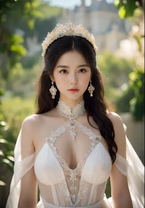 1girl, (beauty breast), (upper body), ((transparent wear)), (erotic_), indoor bedroom castle (blur background), (masterpiece), kim Yoo-jung, (aphrodite goddess), pretty young face (Russian) (Asian), adept art, very best quality detailed face:1.5, (8k HD gr...