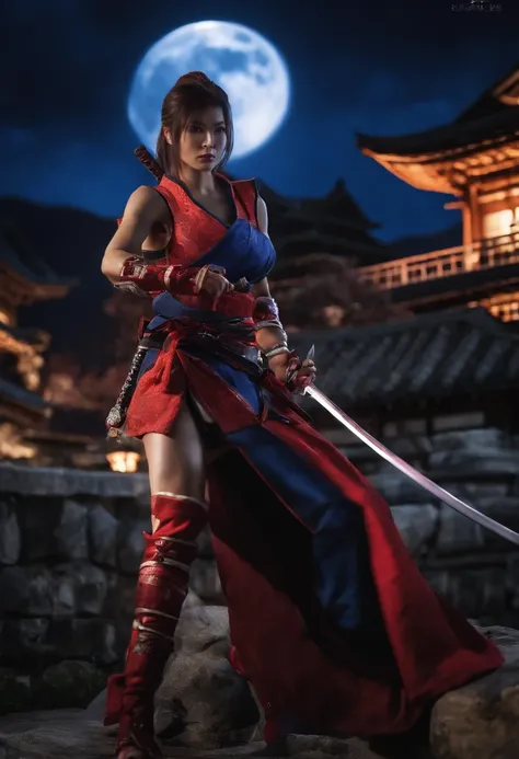 "(Female Ninja of Soul Calibur), incredible details, fierce pose, Japan traditional castle background, Moon Night、Magnificent illustrations, Perfect picture quality"