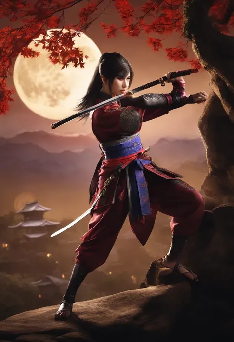 "(Female Ninja of Soul Calibur), incredible details, fierce pose, Japan traditional castle background, Moon Night、Magnificent illustrations, Perfect picture quality"