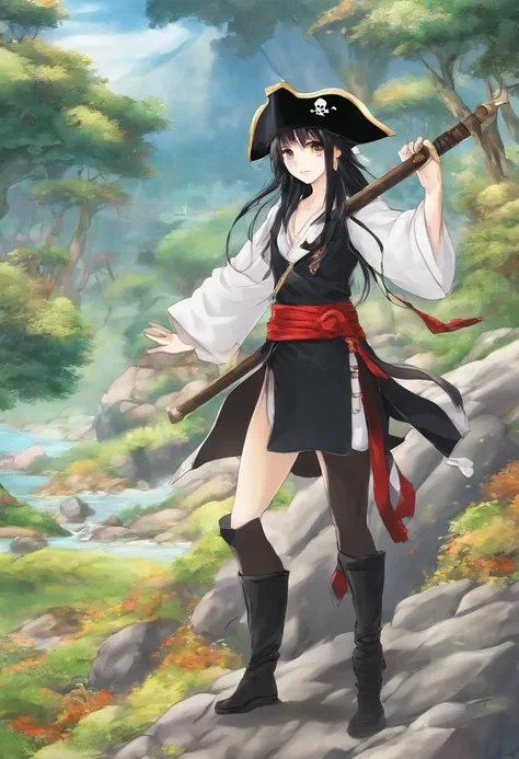 Pirate, long black hair, hazel eyes, light skin, serious look, girl, black clothes, brown hat, red sash, brown boots full body, black pants, right foot on a rock, left foot on dirt, sword in right hand