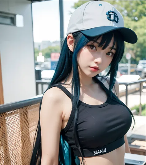 there is a woman with blue hair wearing a baseball cap, anime girl in real life, anime girl cosplay, perfect android girl, seductive anime girl, attractive anime girl, anime waifu, anime thai girl, anime cosplay, anime girl, trending at cgstation, trending...