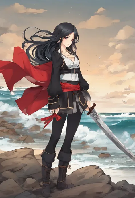 Beach background, Pirate, full body, girl, light skin, long black hair, braid in hair, hazel eyes, serious look, black clothes, red sash, black pants, brown boots, left foot in dirt, right foot in a rock, sword in right hand