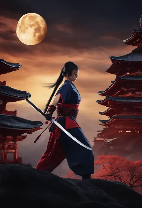 "(Female Ninja at Soul Edge、Taki), incredible details, fierce pose, Japan traditional castle background, Moon Night、Magnificent illustrations, Perfect picture quality"