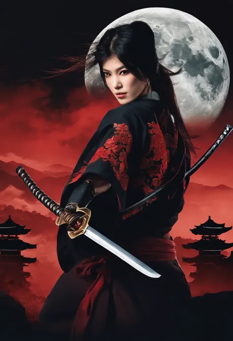 "(Female Ninja at Soul Edge、Taki), incredible details, fierce pose, Japan traditional castle background, Moon Night、Magnificent illustrations, Perfect picture quality"