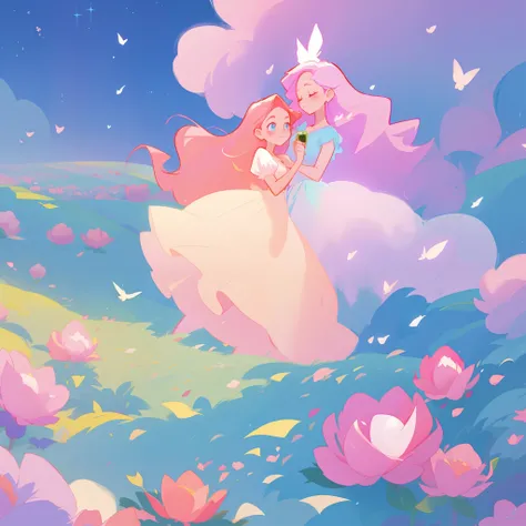 beautiful girl in puffy white ballgown, a field with puffball pink flowers, otherworldly flowers, whimsical landscape, long pink flowing hair, watercolor illustration, inspired by Glen Keane, inspired by Lois van Baarle, disney art style, by Lois van Baarl...