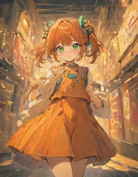 1girl、Brown hair close to orange、bobhair、Wearing a headband、Marume、Green eye、Orange dress with buttons and pockets