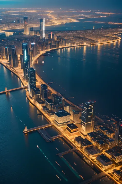 A super technological city with tall buildings, Abaixo dagua, Buildings illuminated with colored lights, fundo escuro, Underwater view of civilization from above, Ultra realista, Muitos detalhes