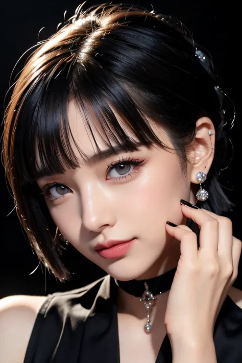 Pilyeon, Solo, 1girl in, Black nails, Jewelry, Short hair, Looking at Viewer, Choker, Necklace, hand on own face, Piercing, ((Black background)), heart mark, Closed mouth, grey  eyes, nail polish, Simple background, Grey Hair, ear piercings, Black Choker, ...