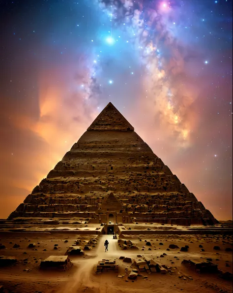 an ancient pyramid floating in an infinite universe. the pyramid is sparsely populated with stars. masterpiece, sharp, ultra det...