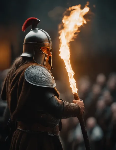 8k, best quality, master part, Ultra high resolution, (realismo: 1.4), foto original, realistic (filmic grain: 1.3), (A powerful magical weapon coming to life, blasting the emperors viking guards with a blinding light.), (highly detailed magical weapon) co...