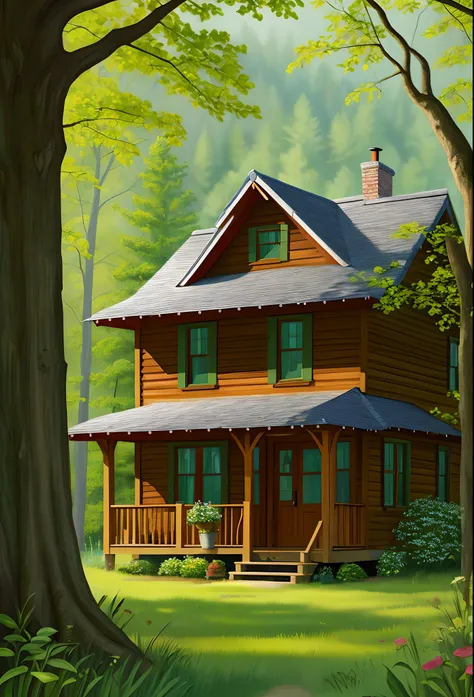 Painting of a cottage in the woods in the style of Thomas Kincaid