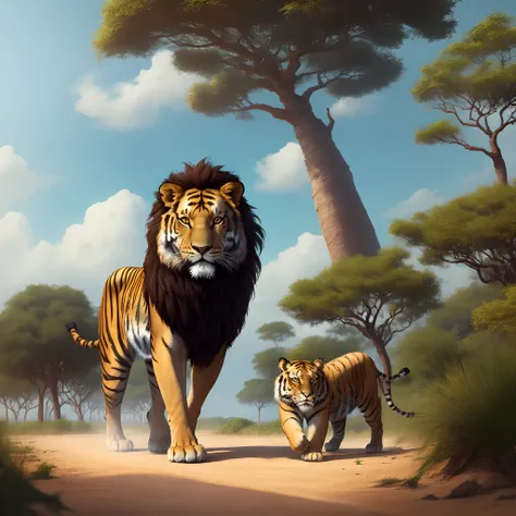 a 2d platform image of a lion a tiger a main coon and a panther walking across senegal with a baobob tree in the background