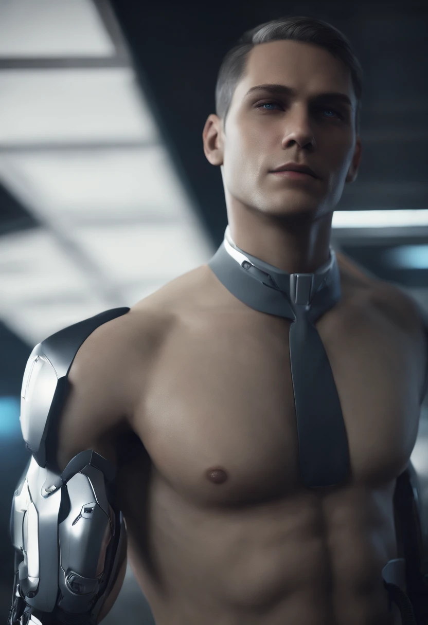 Detroit become human male robot naked, hot man receiving blowjob in uniform, abs, penis, blowjob, highly detailed, dramatic lighting