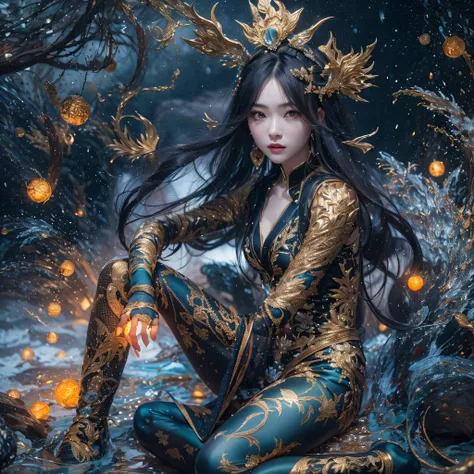 fly the nine-tailed light blue sky division flame hairy bear star，erotic，torch night black gold orange brocade silk snake print ...