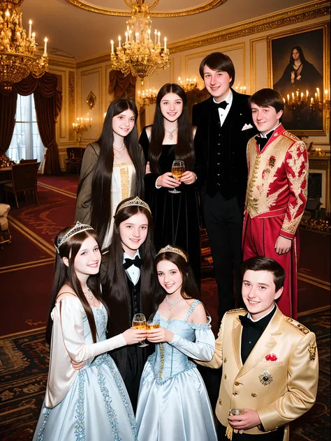 An 18th birthday party of a beautiful long-haired girl dressed as a princess along with her parents in a beautiful mansion in Moscow full of guests