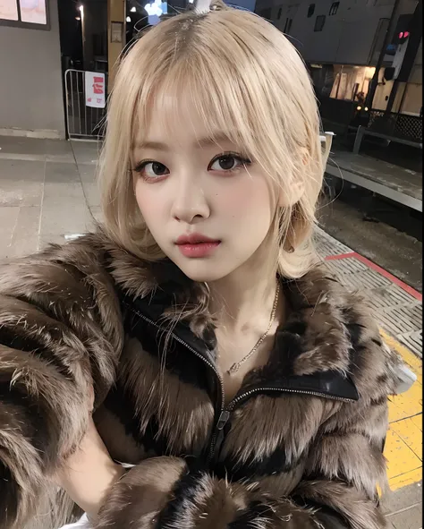 Grieving woman in a fur coat on a train platform, con el pelo corto, Shikamimi, El Corte Hime, Lalisa Manobal, Parque Roseanne de Blackpink, Chiho, Lalisa Manoban de Blackpink, con flequillo, Kemonomimi, flequillo esponjoso, con pelo corto con flequillo, c...