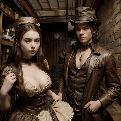 Dominic Sherwood as a steampunk mad hatter and Lily Collins as a steampunk Alice in wonderland