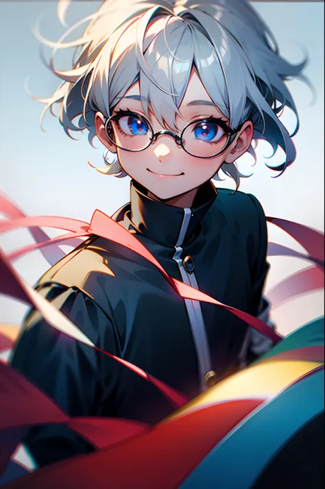 (Male child, eye glasses,a smile, silber hair)