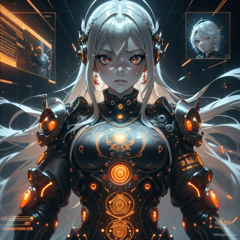 1 girl, Chinese_clothes, liquid silver and orange, cyberhan, cheongsam, cyberpunk city, dynamic pose, "oficial escanor" Lyon escanor black detailed luminous headphones, glowing hair accessories, long hair, glowing earrings,  (" ESCANOR OFICIAL OOWER") glow...