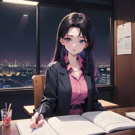 (zero), working in office, mature woman, Profile, night lights, Window of office, Analog Color Theme, large full breasts, Lo-Fi(Lo-Fi), flat, 2.5D ,Draw a line, Ink Drawing, Large gradients, Watercolor painting, Goosch Colors, Studio Ghibli Style, Awesome ...