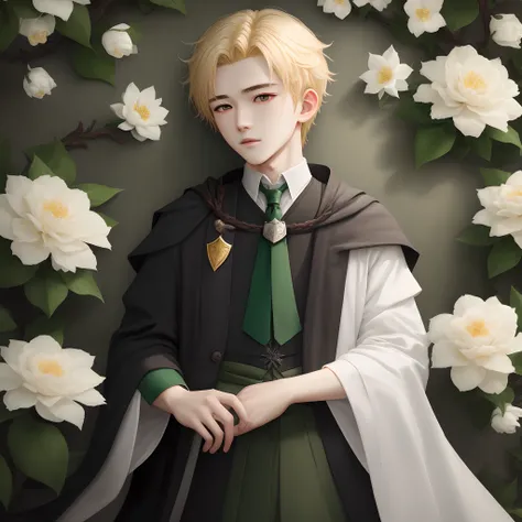 golden hair，Gray eye，Libido boy，Dark green plants and white flowers in the center，校服，Slytherin，Draco，Ultra detailed