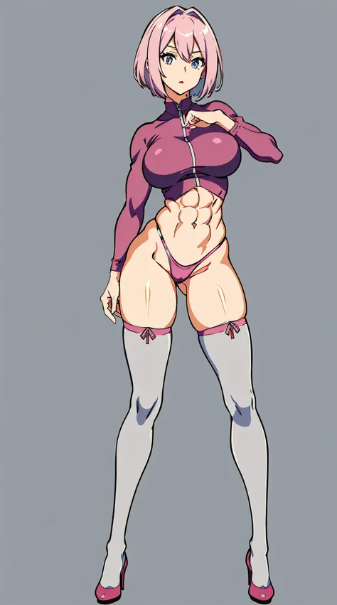 masterpiece, best quality, highly detailed, 8k, (pure grey background:1.2), anime, (2D:1.1), (1girl:1.2), 30-year-old mature woman showing off her body, (athletic body:1.2), abs, (muscular:1.2), beautiful face, (long legs:1.2), short pink hair, big breasts...