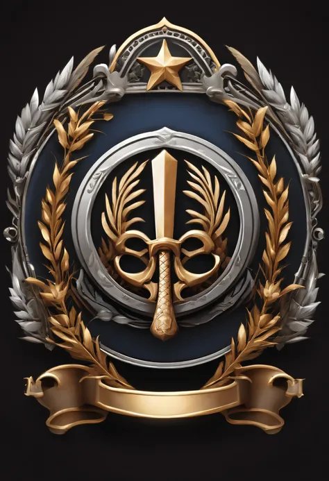 （Game achievement badge design），silver medal，Flat 2D Effects，Wheat border ears，(In the center of the medallion is、There is an icon where the hammer and wrench intersect)、sword and magic