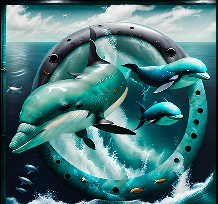 There are two dolphins swimming in the ocean through portholes, Dolphins, Dolphins swim, dolphins, incredible depth, amazing depth, Dolphins and swordfish, Dolphins swim, 3 6 0 p, Incredibly realistic, Highly realistic, porthole, hyper realisitc, Very real...