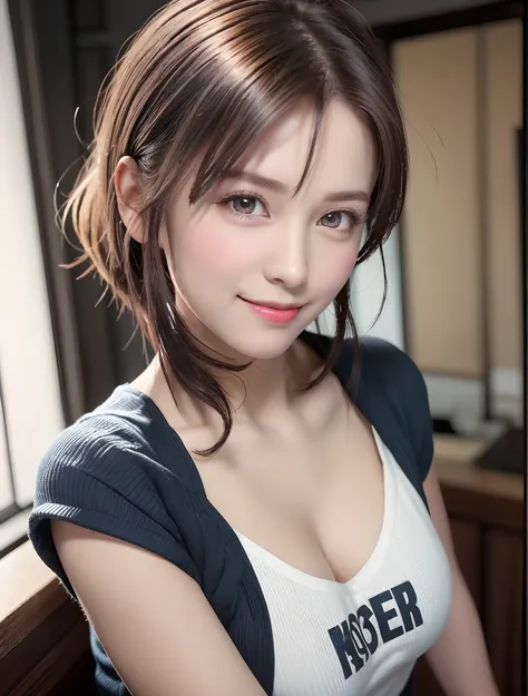 Best Quality, Ultra High Resolution, (Photorealistic: 1.4), Beautiful Eyes, Super Beautiful, Very Short Hair, Beautiful, Sweetheart, T-shirt with Rough Chest, Beautiful Soldier, Eyes That Invite Viewer, Lovers Perspective, Inviting Expression, Sexy Smile, ...