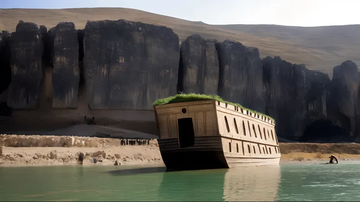 Cinematic. Highly Detailed. Biblical Scene., Old Testament. I have seen Noahs ark floating on the waters. Noahs Ark is made of wood. Wooden Ark, large. The ark stopped on a high mountain in eastern Syria. In the background there is an isolated and very roc...