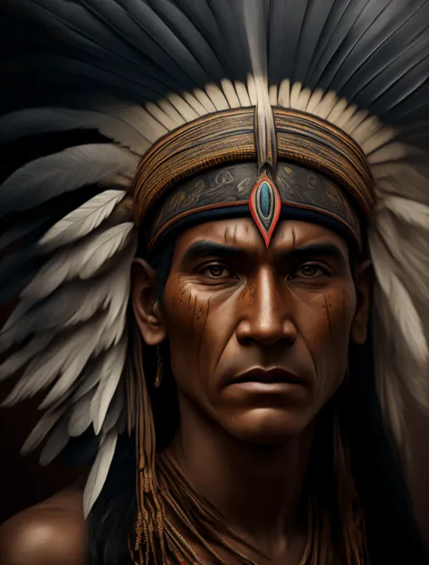 Imagem 3x4, Imagem frontal,de frente para a acamera,Hyperrealistic cinematic frontal shot of a native Indian with feathers on his head, Arte nativa (((Brasileira))), INDIAN, nativo brasileiro, Guerreiro nativo brasileiro, Arte nativa, Um guerreiro nativo b...