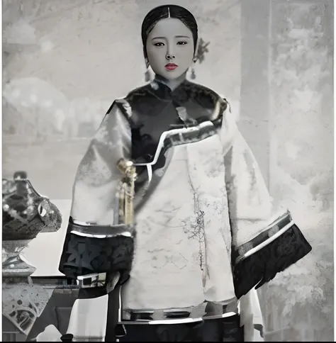 Black and white photograph of a woman in traditional costume, chinese empress, Chinese woman, wearing ornate silk clothes, Qing dynasty, Yun Ling, queen of the sea mu yanling, in style of pan ren wei, inspired by Min Zhen, song nan li, Chinese costume, in ...