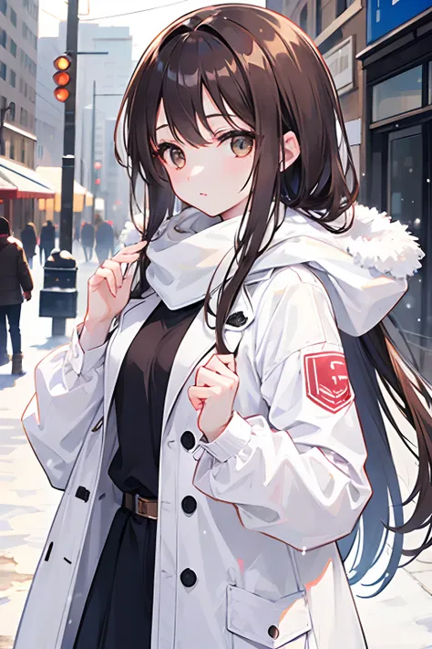 1girl ,city , white coat , snowing , long brown hair, beautiful, white skin