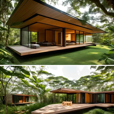 uma casa ultrarrealista futurista em meio da floresta amazonica me mostre comodos dessa casa por dentro como (cozinha,quartos,sala, em frente a casa deve ter um lago natural com plantas aguaticas